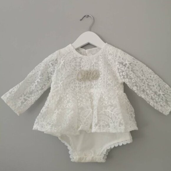 White Lace Long Sleeve Floral Easter first Birthday Dress Outfit Clothes - Picture 1 of 10